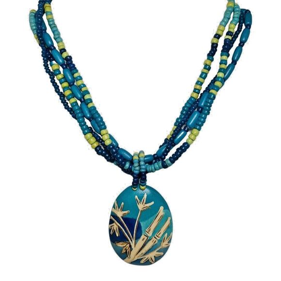 Blue Hawaiian Flower Jewelry Set 18” Earrings Necklace Pendant Bohemian Bamboo - Picture 5 of 12